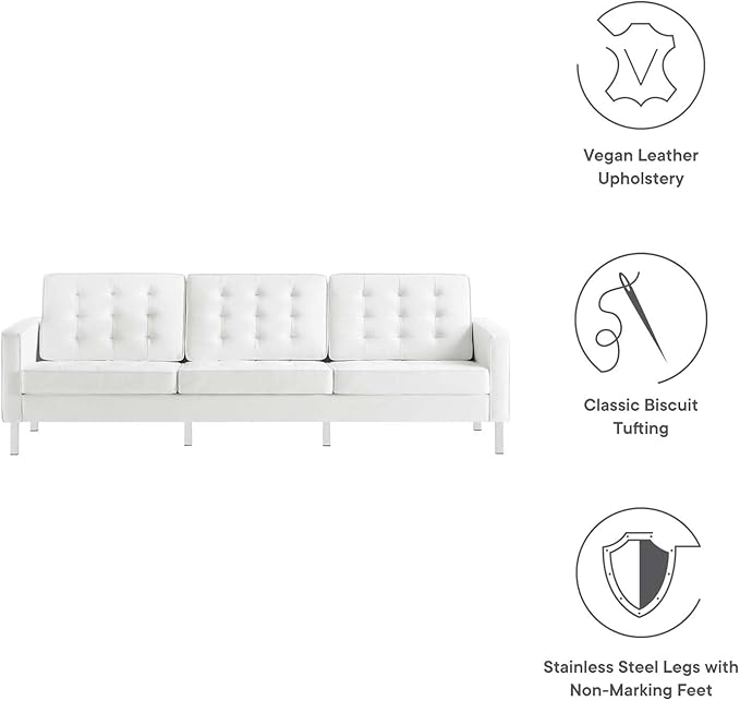 Modway Loft Tufted Button Faux Leather Upholstered Sofa in Silver White