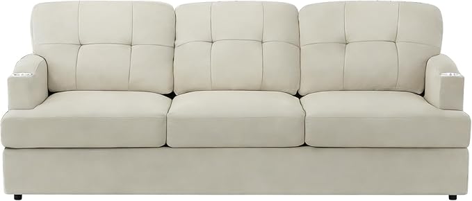 89 Chenille 3 Seats Sofa with Built-in Cup Holder Tufted Modern Couch with Thickened Seat Cushions Soft Upholstered Sofa with Deep Seating Space for Living Room Apartment Beige