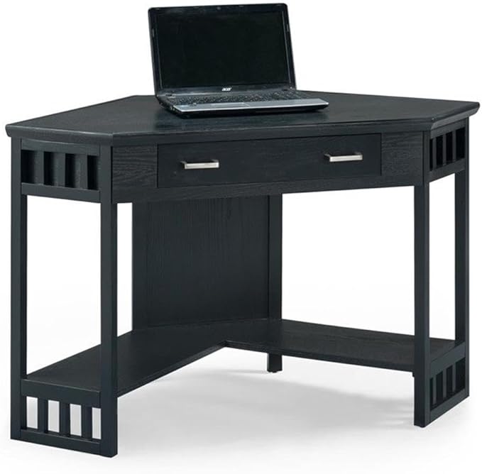 BOWERY HILL Solid Wood Corner Computer Desk Black Finish 30.25 H x 30.25 W x 48 D Space-Saving Design Pull-Out Drawer Lower Shelf Cord Management Home Office Desk for Laptops or Desktop Use