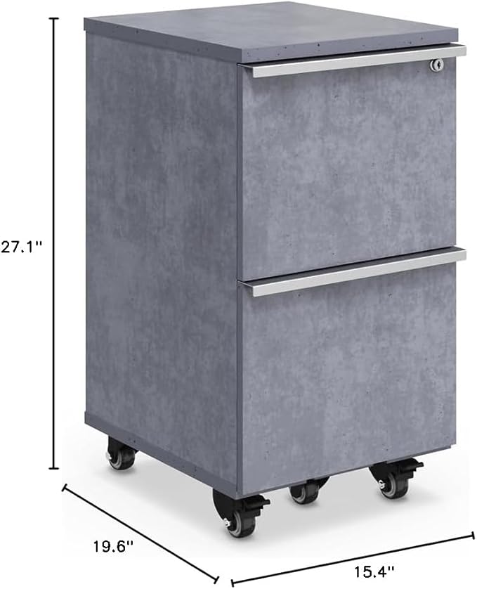 NBF District Two-Drawer Mobile Storage Pedestal with Locking File Drawers – Mobile File Cabinet with Brushed Nickel Pulls - Pedestal Office Filing Cabinet with Wheels (Stormy Gray)