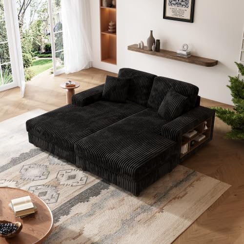 79.5 Oversized Double Chaise Lounge Chair Indoor Modern Upholstered Sleeper Sofa Bed with 2 Storage Armrests and Throw Pillows Comfy Fluffy Corduroy Couch (Black 79.5 Double Chaise)
