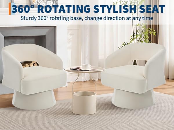 2Pcs Comfy Swivel Barrel Chair for Living Room - Modern Upholstered Accent Chair with Teddy Fleece Hollowed Back &amp 360° Swivel Base Small Round Chair for Bedroom Reading Nook Office Beige
