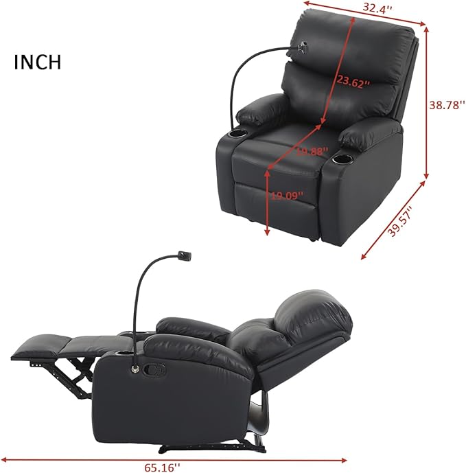 Recliner Chair Oversized Reclining Chair with Phone Holder &amp 2 Cup Holders Leather Wide Rocker Chair for Adults Single Reclining Sofa Recliner for Living Room Office Theater Seating