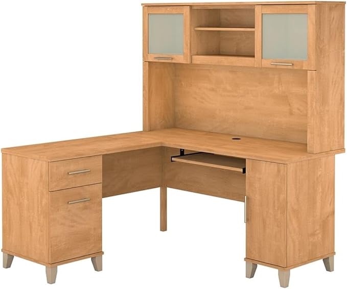 Pemberly Row Contemporary 60W L Shaped Desk with Hutch Maple Cross Finish Thermally Fused Laminate Pull-Out Keyboard Tray Storage Cabinet File Drawer Modern Office Desk for Home Workstation Use