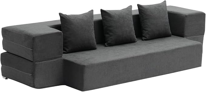 VEVOR Folding Sofa Bed 3-in-1 Foldable Couch Bed with 3 Pillows and Washable Cover 25D High Density Memory Foam Convertible Sleeper Chair Bed Futon Couch Dark Grey(Twin XL)
