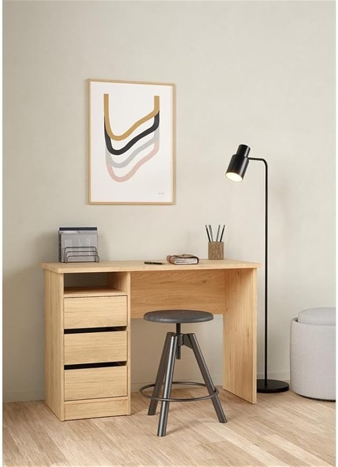 Pemberly Row Writing Desk 43.31 in. H x 19.09 in. D x 29.92 in. W Engineered Wood with Jackson Hickory Finish 3 Smooth Gliding Drawers Open Shelf Compact Home Office Desk for Small Spaces