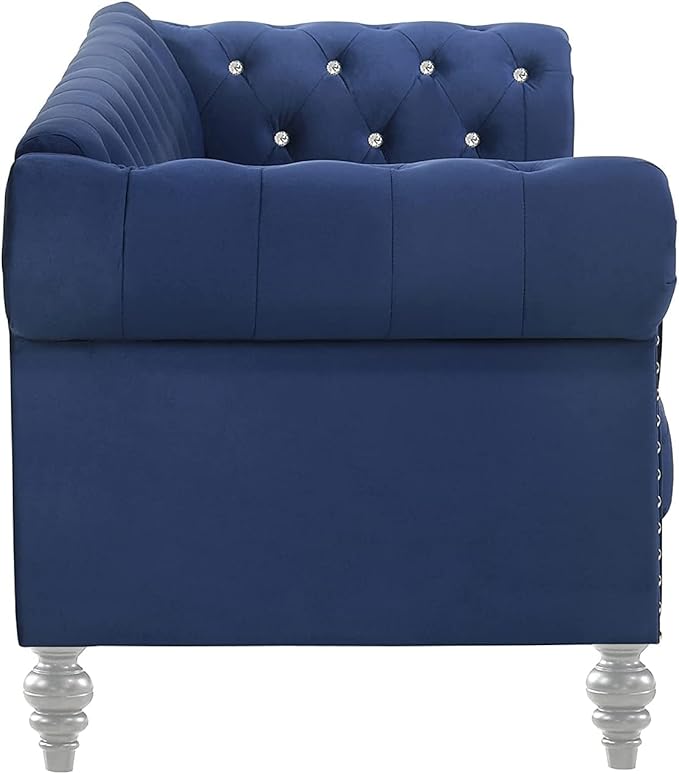 New Classic Furniture Glam Emma Velvet Two Seater Chesterfield Style Loveseat for Small Spaces with Crystal Button Tufts Royal Blue