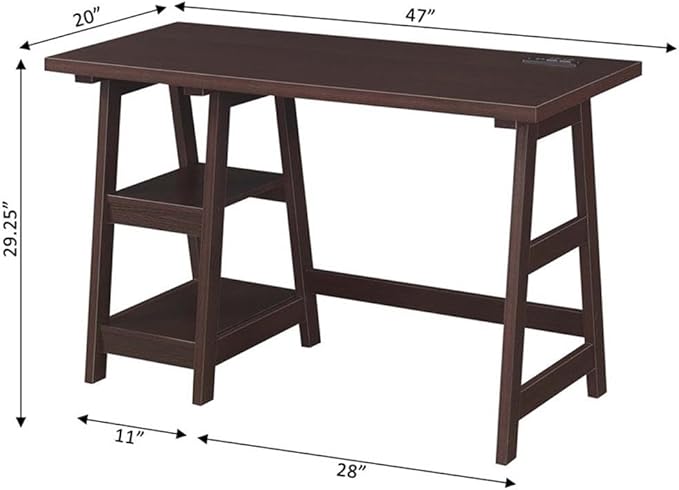 Pemberly Row Trestle Desk Espresso Wood Finish 47 in x 20 in x 29.25 in Charging Station with USB Ports 2 Fixed Shelves Contemporary Style Home Office Desk for Work or Study