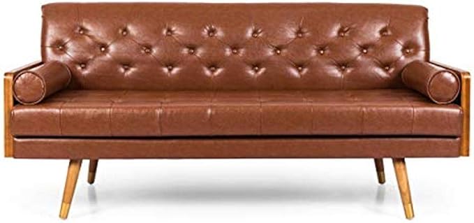 Christopher Knight Home Adelaide Mid-Century Modern Tufted Sofa with Rolled Accent Pillows Cognac Brown Dark Walnut and Gold