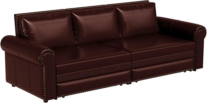 93.7 King Size Chesterfield 3-seat Pull Out Sofa Bed Leather Sofa Bed with Nailhead Trim and Rolled Arm 3-in-1 Sofa Sleeper for Living Room Apartment Office Burgundy