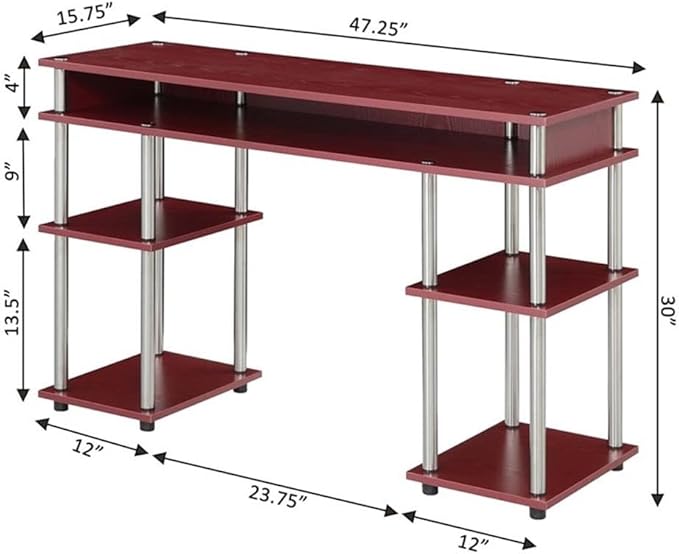 Convenience Concepts Designs2Go No Tools Desk Home Office Desk with Shelves Corner Shelf Vanity Desk Computer Desk Nail Table for Nail Tech - 47.25 L x 15.75 W x 30 H Dark Cranberry Red