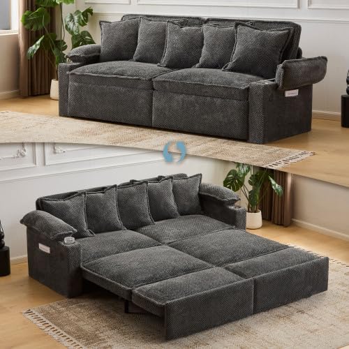 82.7’’ King Size Pull Out Sofa Bed 3 in 1 Convertible Sleeper Sofa Bed with Futon Sofa  Chenille Loveseat Couch Bed with USB and Storage Pockets for Living RoomBedroom Pet-Friendly (Dark Gray)