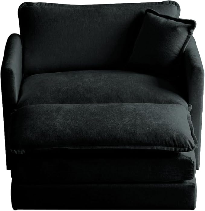 Black Chenille Accent Chair with Ottoman Comfy Armchair Reading Chair for Living Room Bedroom Modern Home Office Seating