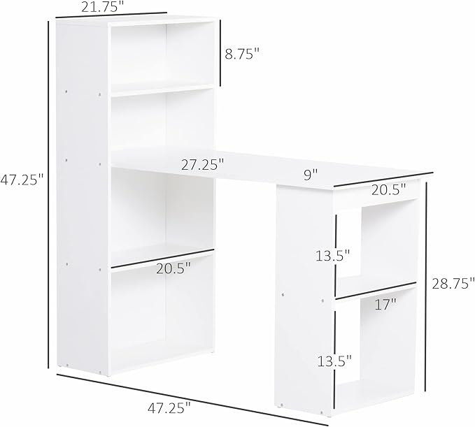 Modern Home Office Desk with 6 Tier Storage Shelves 47 Writing Table with Bookshelf White