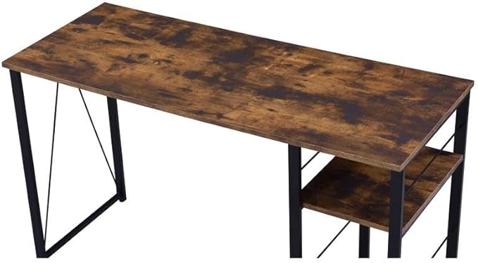 Bowery Hill Wooden Top Writing Desk 47W x 19D x 28H Weathered Oak and Black Finish Particle Board and Metal 2 Open Shelves Reverse V-Shaped Support Rustic Industrial Style Home Office Desk
