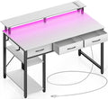 Rolanstar Computer Desk with Power Outlets &amp LED Light 39 inch Home Office Desk with 3 Drawers and Storage Shelves Writing Desk with Monitor Stand Work Desk for Home OfficeWhite