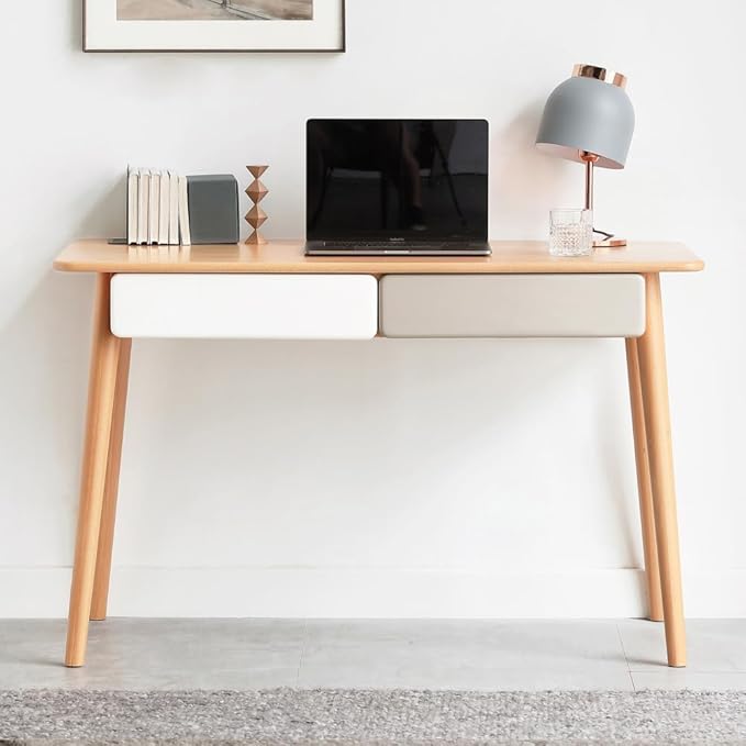 Solid Wood Computer Desk - 47'' Large Size Office Desk with 2 Drawers Modern Simple Style PC Table with Gap Design for Home Office Work Student Study Makeup Workstation (Beech)