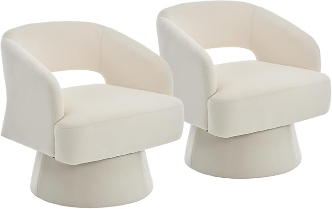 2Pcs Comfy Swivel Barrel Chair for Living Room - Modern Upholstered Accent Chair with Teddy Fleece Hollowed Back &amp 360° Swivel Base Small Round Chair for Bedroom Reading Nook Office Beige