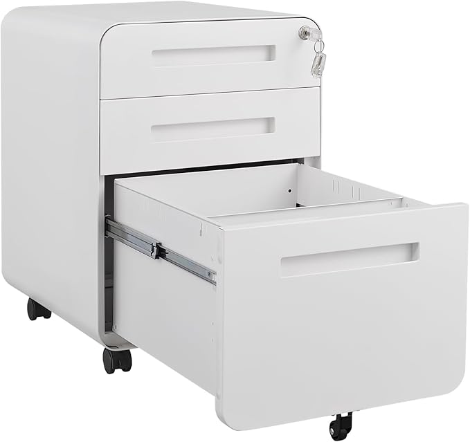 Office Pedestal File Cabinet: Lockable Compact Storage Solution for Home Office - Under Desk Cabinet with Removable Pencil Tray Hanging Bar and 5 Utility Wheels (White)