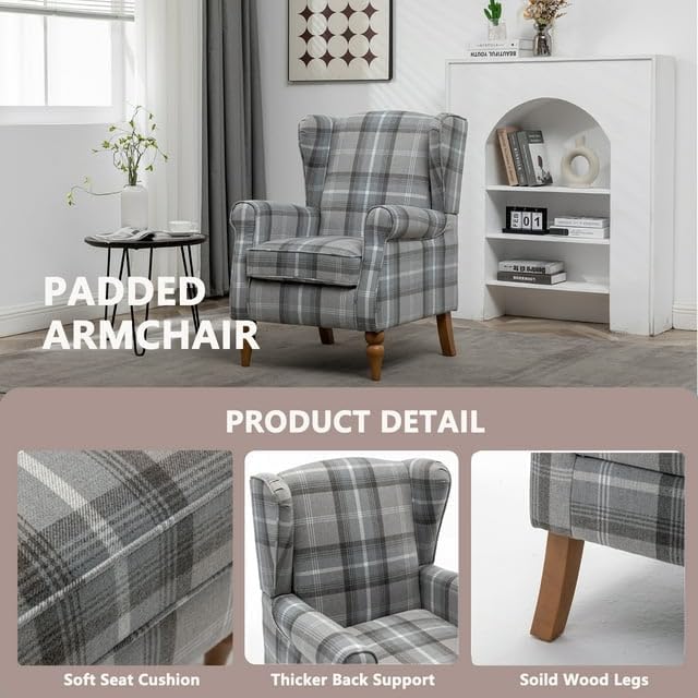 Modern Accent Chair with Retro Wood Legs Comfy Upholstered ArmchairTantan Check Design Single Sofa Chair for Living Room Bedroom Office - Blue