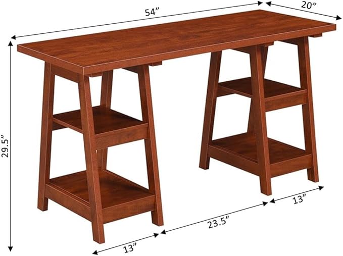 Pemberly Row Modern Double Trestle Desk Warm Cherry Wood Finish Spacious 54 in x 20 in Desktop with 4 Fixed Shelves Particle Board and MDF Home Office Desk for Studying or Working
