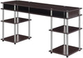 Pemberly Row No-Tools Student Desk 60-Inch with Shelves Espresso Wood Finish Stainless-Steel Poles Durable Particle Board and Melamine Easy Assembly Workspace for Home Office or Dorm Use