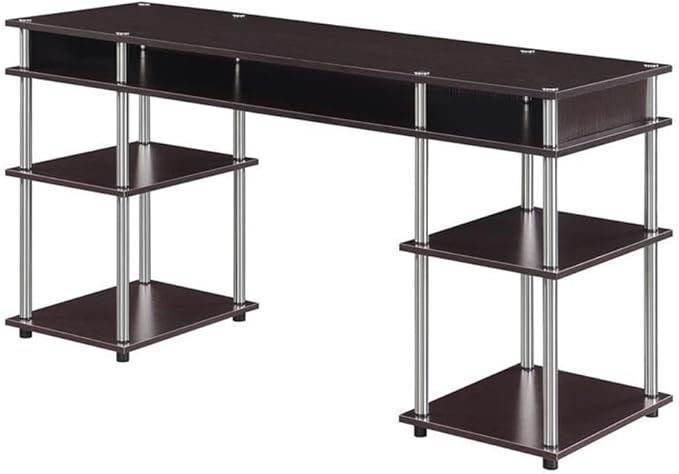 Pemberly Row No-Tools Student Desk 60-Inch with Shelves Espresso Wood Finish Stainless-Steel Poles Durable Particle Board and Melamine Easy Assembly Workspace for Home Office or Dorm Use
