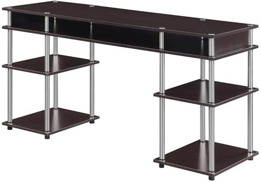 Pemberly Row No-Tools Student Desk 60-Inch with Shelves Espresso Wood Finish Stainless-Steel Poles Durable Particle Board and Melamine Easy Assembly Workspace for Home Office or Dorm Use