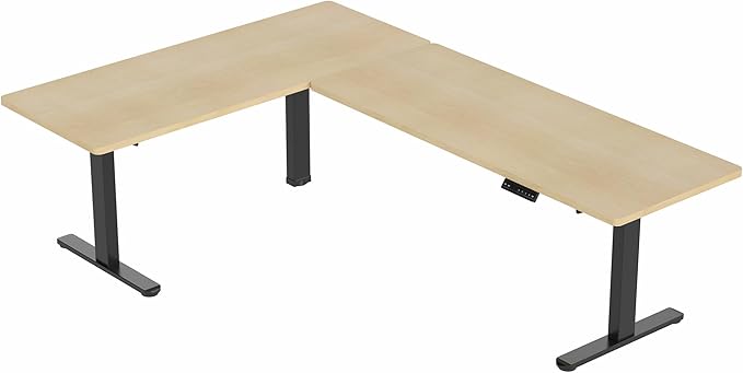 VIVO Electric Height Adjustable 83 x 60 inch Corner Stand Up Desk 2 Light Wood Solid Table Tops Black Frame Memory Controller L-Shaped Workstation 3E Series DESK-KIT-3E8BC