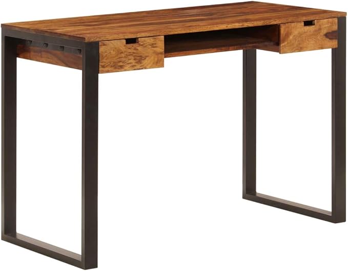 Wooden Writing Computer Desk with 2 Drawers Home Office Desk Writing Study Table PC Desk Workstation for Bedroom 43.3x21.7x30.7 Solid Sheesham Wood and Steel