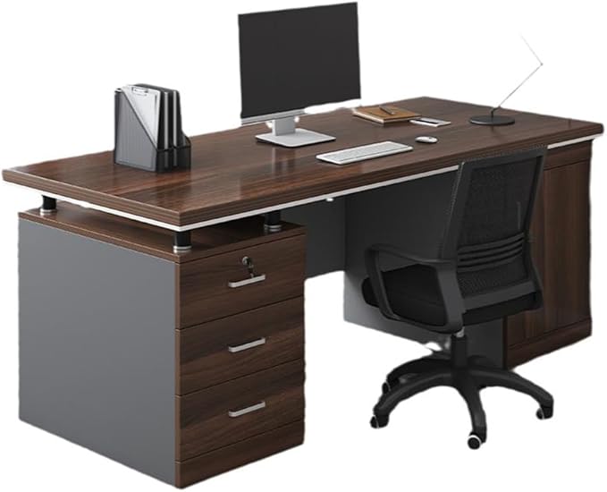 LITFAD Wood Office Computer Desk with Cabinet Locking Drawer and Cord Management Modern Executive Desk Simple Writing Desk Home Office Furniture Without Chairs 55 L x 24 W x 30 H Brown