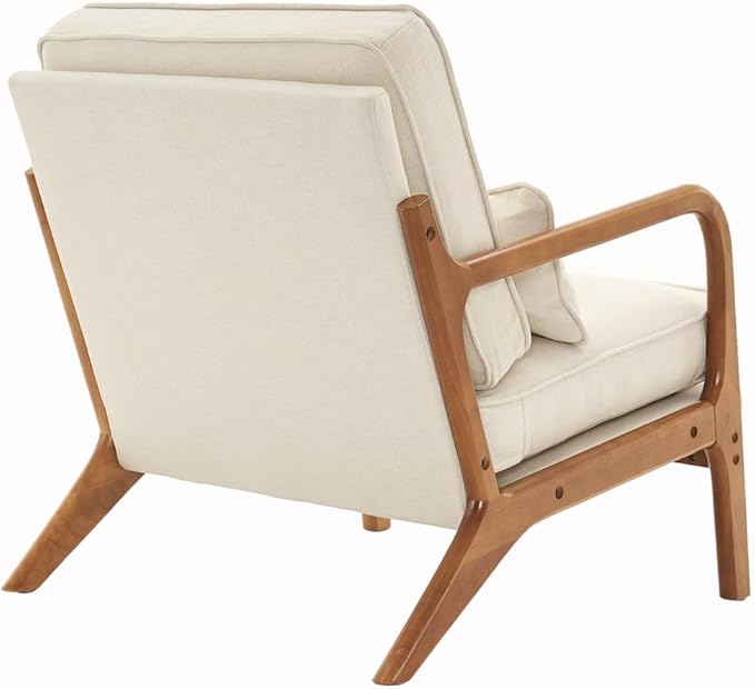 LLS Accent Chair Mid-Century Modern Upholstered Armchair with Lumbar Pillow Comfy Lounge Chair Reading Chair with Solid Wood Frame &amp Soft Cushion for Living Room Bedroom Balcony Off-White