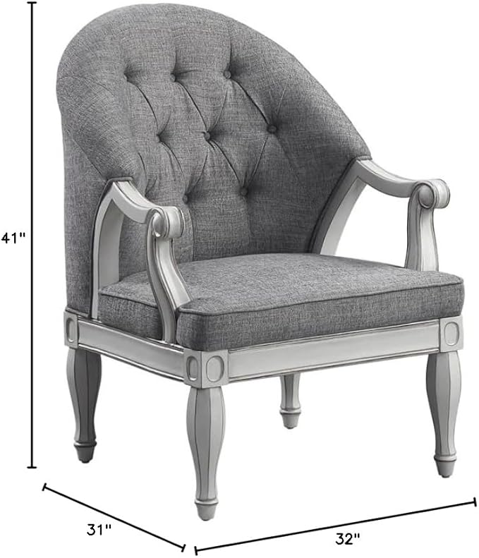 Pemberly Row Button Tufted Fabric &amp Wood Accent Chair Gray/Antique White Finish 41 H x 31 W x 32 D Foam Cushion Wooden Legs Transitional Style for Living Room or Family Room Seating