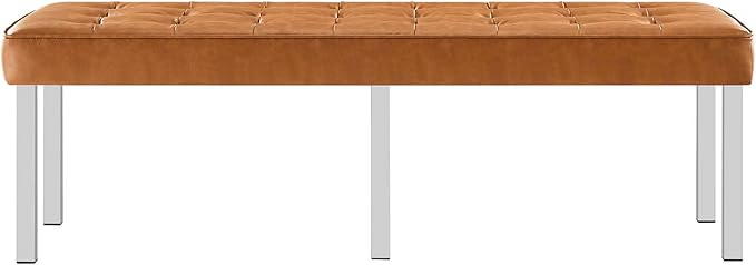 Modway Loft Tufted Button Faux Leather Upholstered Large Accent Bench in Silver Tan
