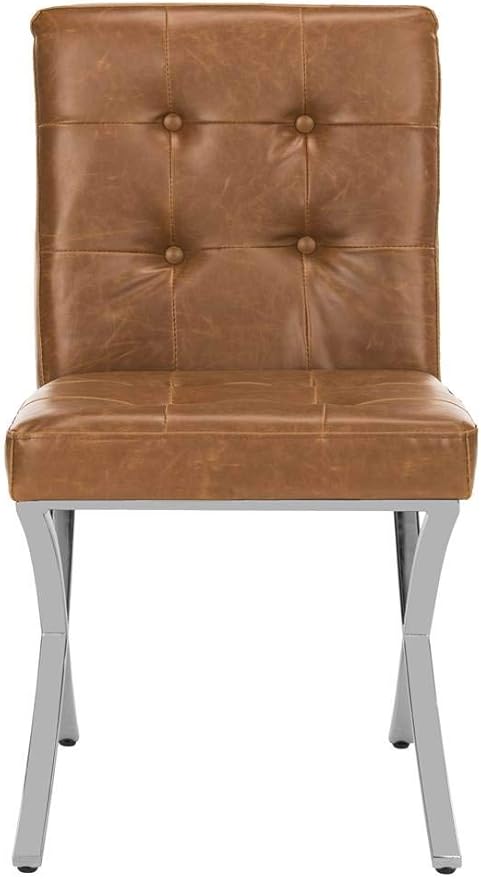 Safavieh Home Walsh Light Brown Faux Leather and Chrome Tufted Side Chair