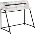 Pemberly Row 48 in Computer Desk White Marble Look Laminate Black Metal Base Hutch with Shelf Contemporary Home Office Laptop or Writing Table Compact Space-Saving Design