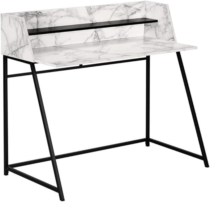 Pemberly Row 48 in Computer Desk White Marble Look Laminate Black Metal Base Hutch with Shelf Contemporary Home Office Laptop or Writing Table Compact Space-Saving Design
