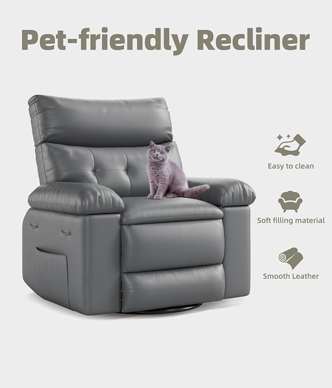 GarveeHome Oversized 27 Recliner Chairs Classic Manual Leather Recliner Home Theater Seating with Lumbar &amp Arms Support for Living Room Bedroom and Nursery - Grey