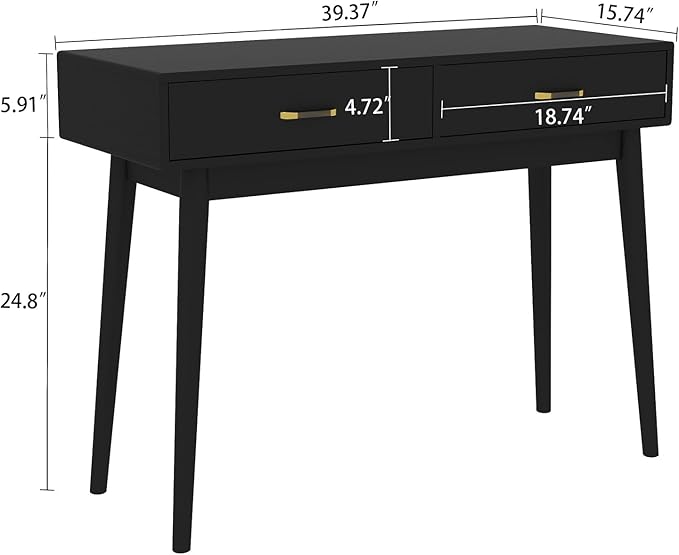 Small Black Desk with Drawers - 40 Inch Home Office Study Writing Desk for Bedroom Vanity Desk with 4 Solid Legs Modern Computer Desk for Small Spaces (Balck)