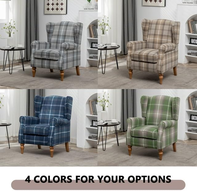 Modern Accent Chair with Retro Wood Legs Comfy Upholstered ArmchairTantan Check Design Single Sofa Chair for Living Room Bedroom Office - Blue