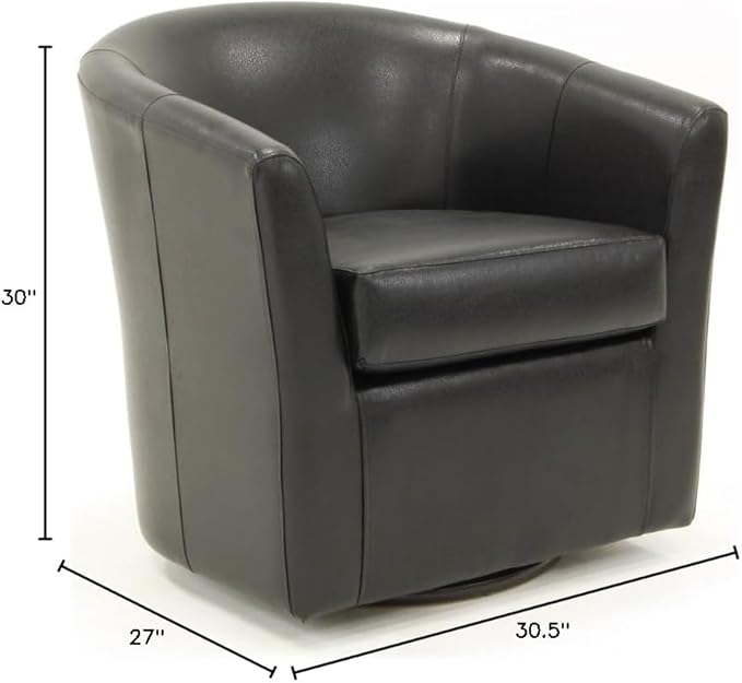 Pemberly Row Faux Leather Swivel Club Chair 30 H x 30.5 W x 27 D Black Finish Flared Arms Padded Removable Seat 360-Degree Rotation Traditional Accent Chair for Living Room or Office