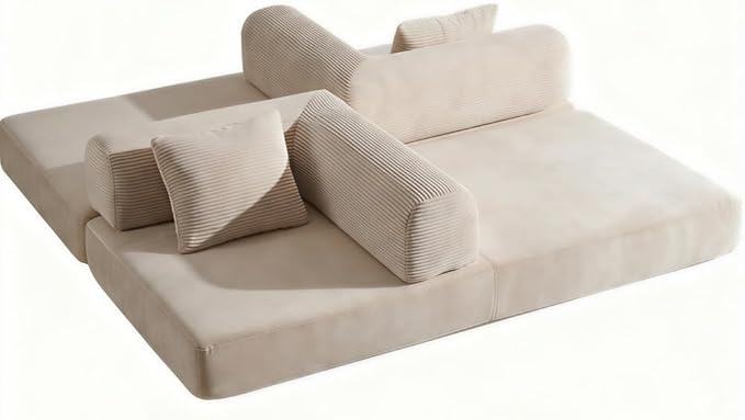 74 Compression Sofa Convertible Floor Sofa Bed with Pillow Back Support ArmrestComfy Futon Couch Sleeper BedLoveseats Boneless for Living RoomBedroom (Beige)
