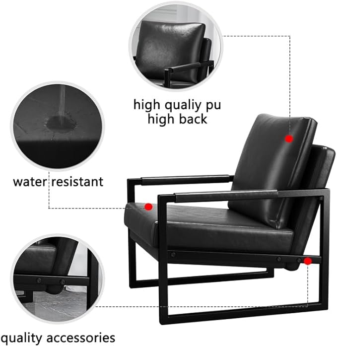 PU Leather Accent Arm Chair Mid Century Modern Upholstered Armchair with Metal Frame Extra Thick Padded Backrest and Seat Cushion Sofa Chairs for Living Room (Black PU Leather Metal Frame Foam)