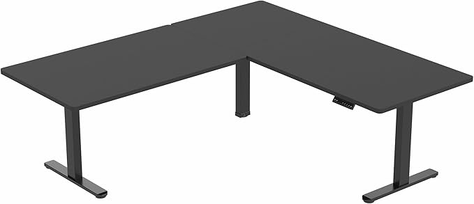 VIVO Electric Height Adjustable 77 x 71 inch Corner Stand Up Desk 2 Black 30 inch Deep Table Tops Black Frame Memory Controller L-Shaped Workstation 3E Series DESK-KIT-3E7B