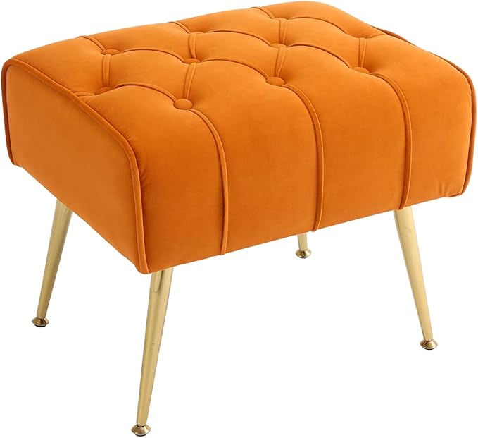 Velvet Accent Chair with Ottoman Comfy Tufted Armchair with Gold Metal Legs Modern Upholstered Wingback Chair with Footrest Set for Living Room Bedroom Lounge Office Orange