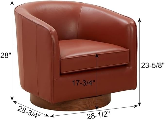 Pemberly Row Swivel Barrel Accent Chair Caramel Top Grain Leather Wood Base 28.5 W x 28.75 D x 28 H Comfortable Pocket Coil Seat Durable Upholstery Stylish Design for Living Room or Office