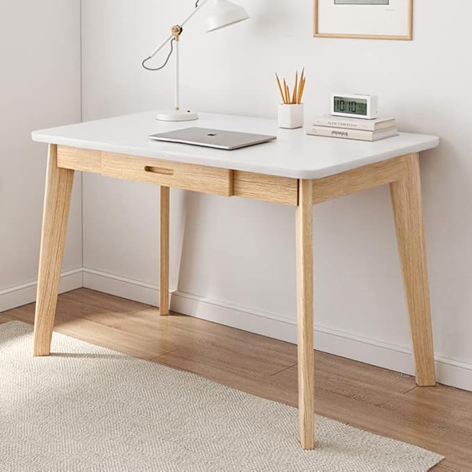 IOTXY Solid Wood Writing Desk - Home Office Workbench Desk with Drawer 31.5 Width Laptop Computer Work Study Table in White