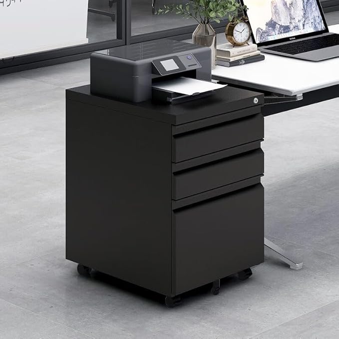 3-Drawer Mobile Filing Cabinet with Lock Legal/Letter Sized Office Storage Cabinet Metal Suitable for Offices and Study Rooms(Black)
