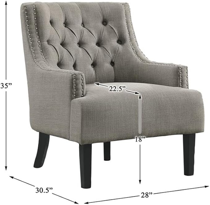 Pemberly Row Upholstered Accent Chair Taupe Fabric Solid Wood Frame High-Density Foam Cushions Button-Tufted Back Nailhead Trim Espresso Finish Legs 34.75 H x 28 W x 30.25 D for Living Room