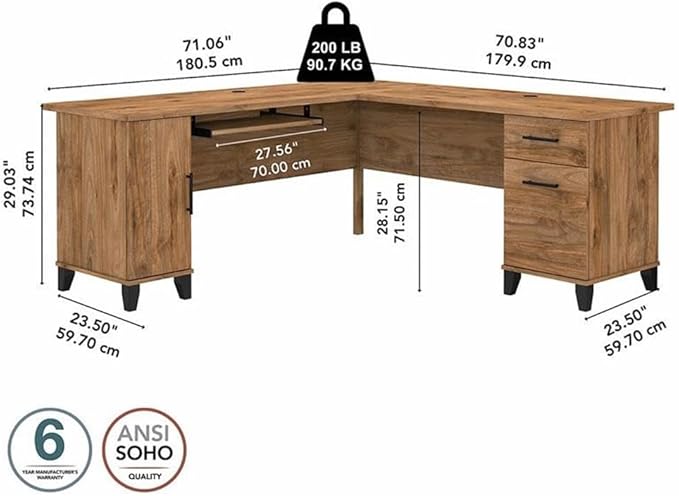 BOWERY HILL 72W L Shaped Desk with Storage Fresh Walnut Finish Engineered Wood Wire Management Pull-Out Keyboard Tray Adjustable Shelf File Drawer Home Office or Living Room Desk
